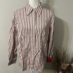 Jones New York Signature Women Striped Button Up Shirt Contrast Cuff Stretch L